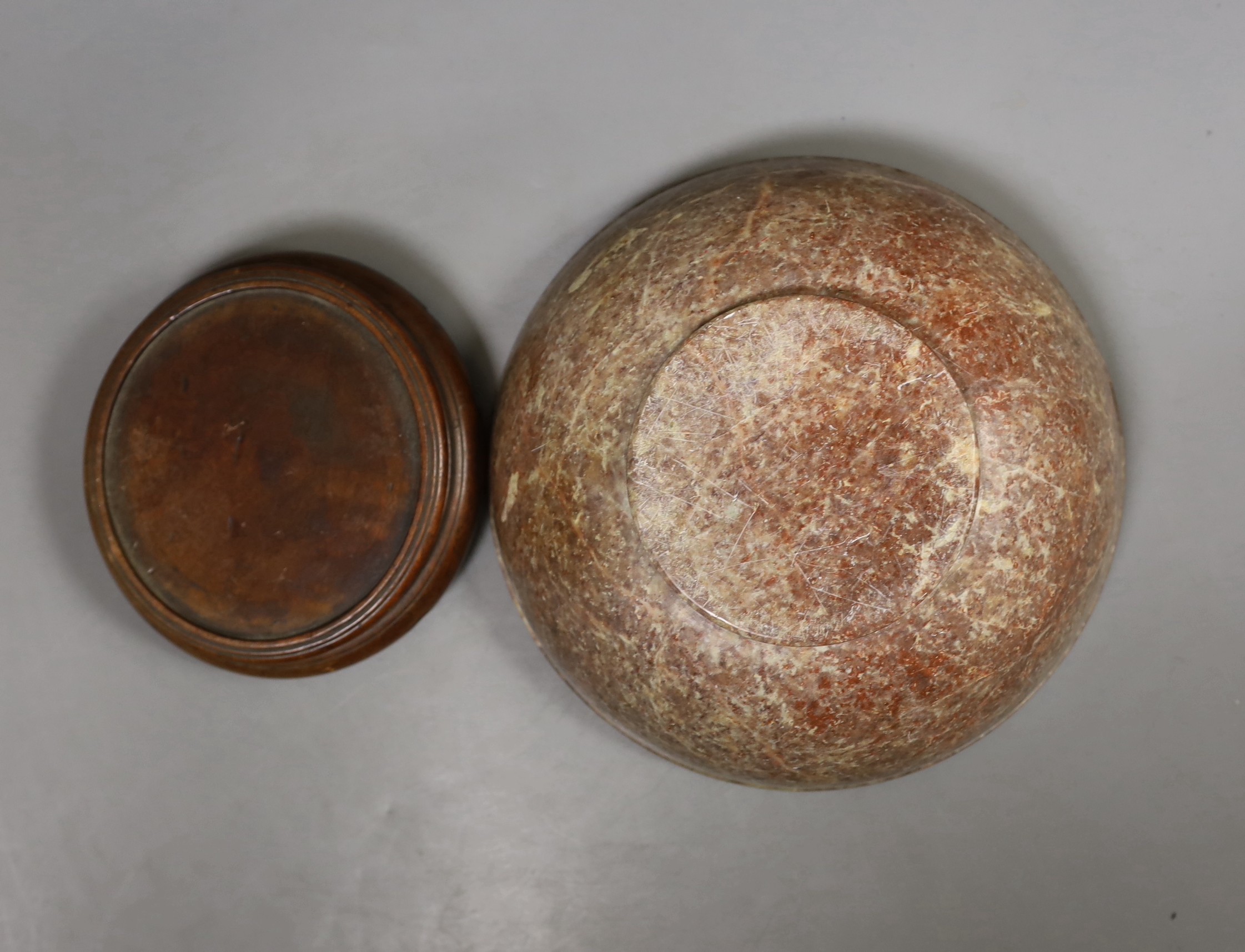 An Indo-Persian engraved copper plated tea caddy and Chinese soapstone bowl on stand. Diameter of bowl 20.5cm